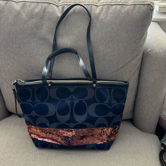 Coach Monogram Signature Sequin Sateen Tote Bag Blue - Picture 1 of 5